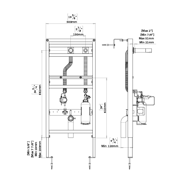 soap & water system that includes a touch free soap dispenser and touch free faucet, activated by an IR sensor - Tubular DP Soap & Water KE dimensional drawing Tubular DP Soap & Water KE Iron Frame Set – Bild 3