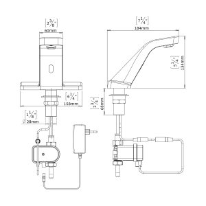 Condor 1010 Berührungslose Waschtisch Armatur Dimensional Drawing - Touchless Deck Faucet - Condor-E-drawing